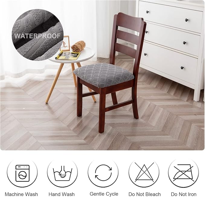 Genina Waterproof Seat Covers for Dining Room Chairs, Stretch Chair Covers Removable Washable Dinning Room Kitchen Chair Seat Cushion Slipcovers (Jacquard-Light Gray, 6 PCS)