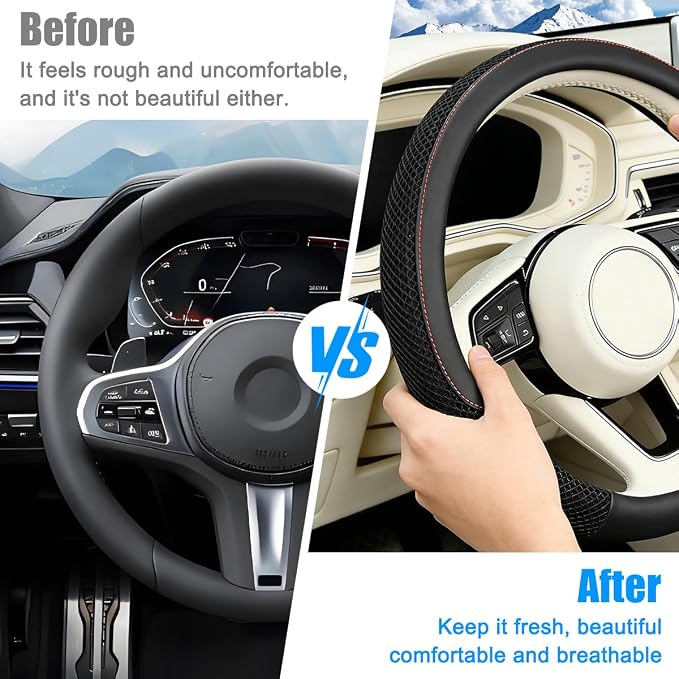 Car Steering Wheel Cover, 14.5-15" Microfiber Leather Ice Silk Breathable Non-Slip Steering Wheel Protector, Cool Auto Interior Decor Accessories, Universal for Truck SUV Van (Black)