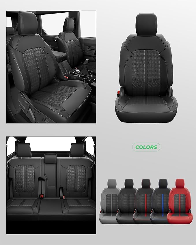 Custom Fit Leather Seat Covers for 2021-2026 Ford Bronco 4 Door | OEM fit, premium waterproof leather, full coverage, anti-slip, storage pockets, long-term durability, airbag compatible