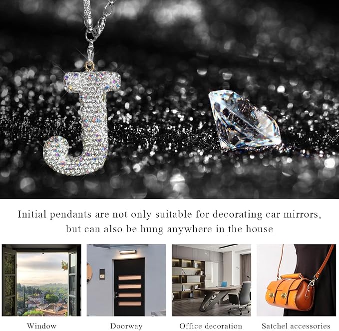 DXNQ Bling Initial Car Rear View Mirror Ornament, Crystal Sparkling Cute Letter Charm Pendant Auto Decor, Hanging Lucky Diamond Initial Charm Car Mirror Bag Ornament for Girl Women (Letter J)
