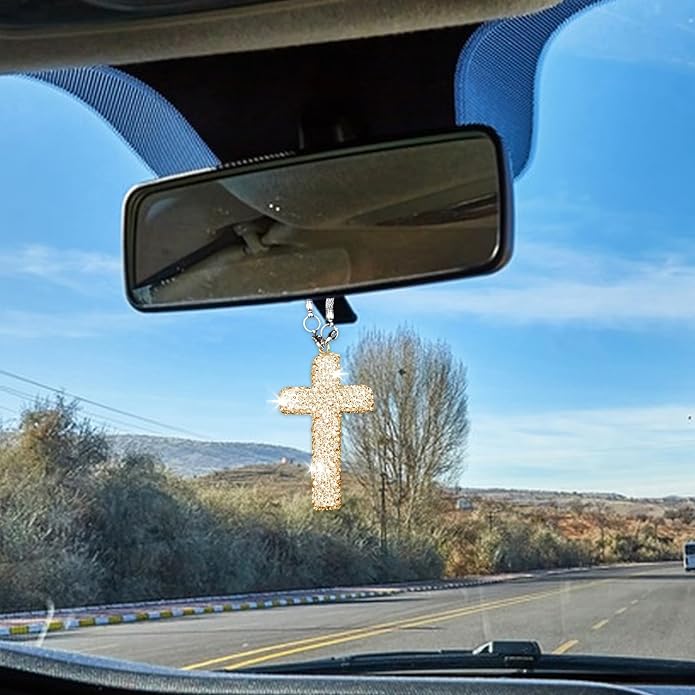 Bling Car Rear View Mirror Accessories Hanging Pendant,Cross Crystal Rhinestone For Car Mirror Hanging,Double-Sided Cross Diamond Religious,Interior Men Women Car Accessories