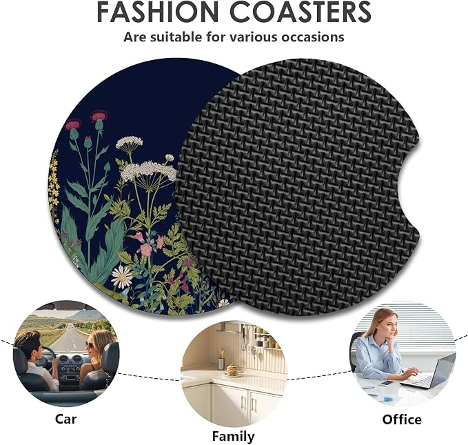 2 Pack Car Coasters,2.75-inch Neoprene Non-Slip Cup Holder Coasters for Car,Cute Car Interior Accessories for Men and Women,Black Flower