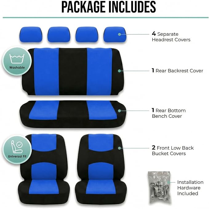 FH Group Car Seat Covers Full Set Cloth - Universal Fit Automotive Seat Covers, Low Back Front Seat Covers, Solid Back Seat Cover, Washable Car Seat Cover for SUV, Sedan and Van Blue