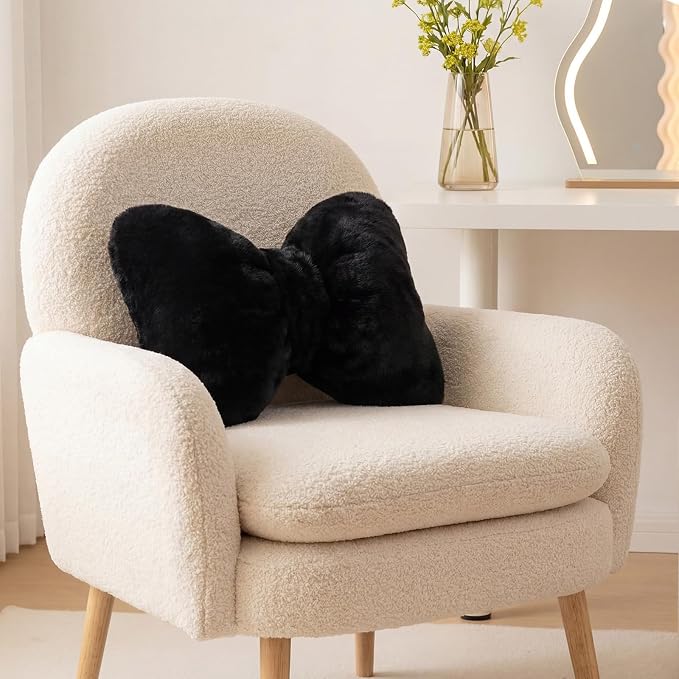 Macarrie 2 Pcs Black Car Neck Pillow Imitation Rabbit Fur Bow Pillow | Soft Comfortable Seat Headrest Support, Cute Bow Car Accessories, Driving Travel Driver Chair Girl Interior Decor, Solid