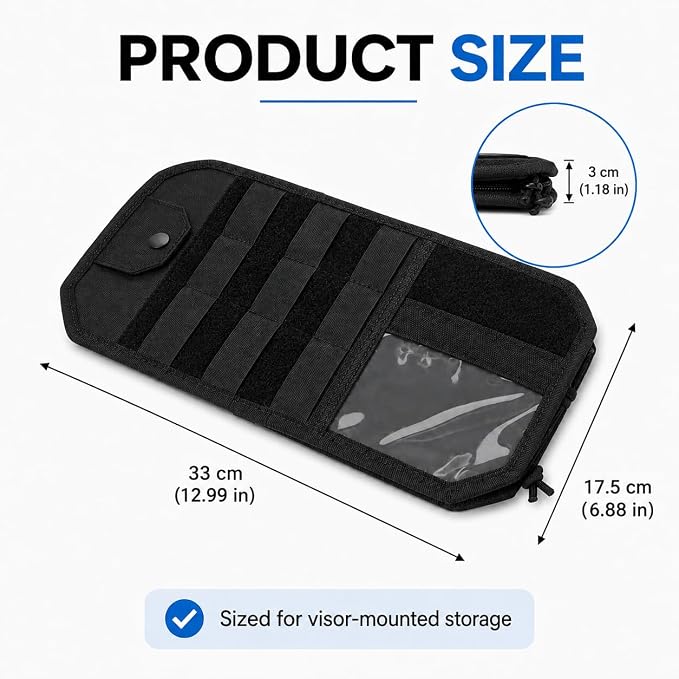 GOOGO Car Sun Visor Organizer, Black Nylon MOLLE Panel | black nylon pouch with a MOLLE panel, strap-on organizer format, for cards, pens, small tools, and flat accessories
