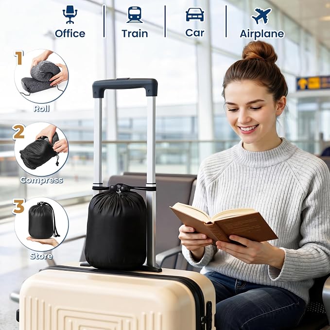 ExploreBliss Travel Pillow, 2 Pack Travel Pillows for Sleeping Airplane, Neck Pillow Airplane, Memory Foam Neck Pillow Set with Eye Mask, Earplugs and Storage Bag -Grey & Pink