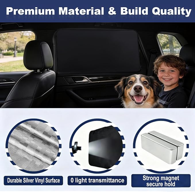 XCBYT Car Side Window Shades, 100% Blackout Car Privacy Covers 2 Pack | Silver side reflects UV & sun protection for passengers, Magnetic fits metal frames, Ideal for kids and pets cool