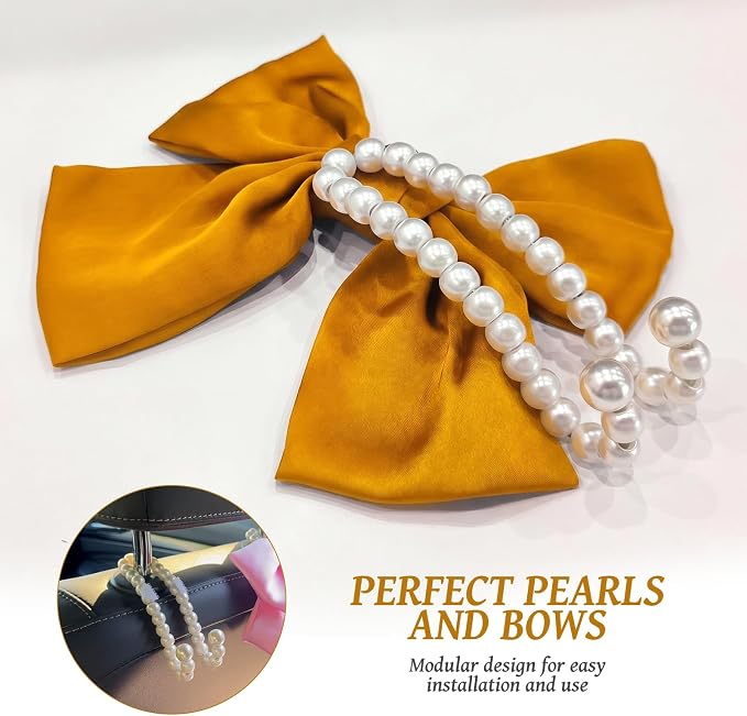 2 PCS Bow Pearl Car Seat Headrest Hook β Cute Purse Hook for Car, Girly Interior Decoration Accessories Hook Hanger, Seatback Holder for Purses & Bags, Elegant Car Organizer (Golden)
