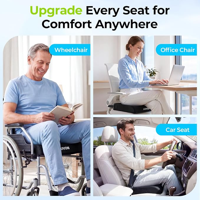 AUVON Gel Wheelchair Seat Cushion with Waterproof Cover, Anti-Sore & Ulcer | Ergonomic Chair Cushion with U-Cutout for Tailbone, Back Pain Relief, Memory Foam Cushion for Office, Anti-Slip, Buckle Strap