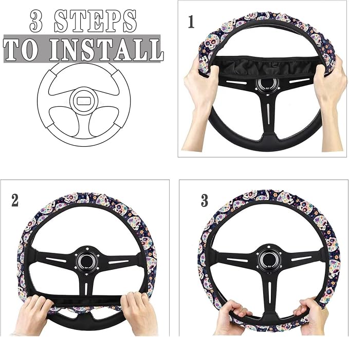 AFPANQZ Steering Wheel Cover for Women, Hippie Flower Skull Sweat Absorbing Non-Slip Steering Wheel Protection Case, Machine Washable Elastic Flexible Universal 14 to 15 inch