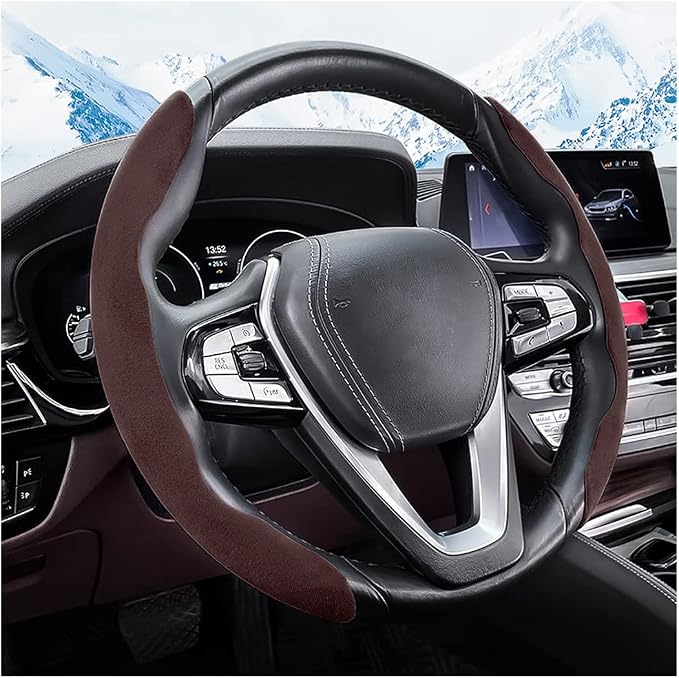 Car Steering Wheel Cover, Microfiber Suede Leather and Carbon Fiber Double Sided Design, Warm in Winter and Cool in Summer, Breathable Non Slip Segmented Protector for Most Cars (Turn Fur/Coffee)