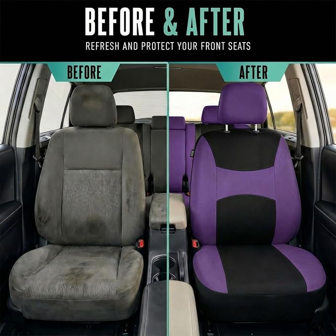 FH Group Full Set Car Seat Covers Cloth, Universal Fit combo, Set with Steering Wheel Cover and Seat Belt Pad fits Most Cars, SUVs, Trucks Purple