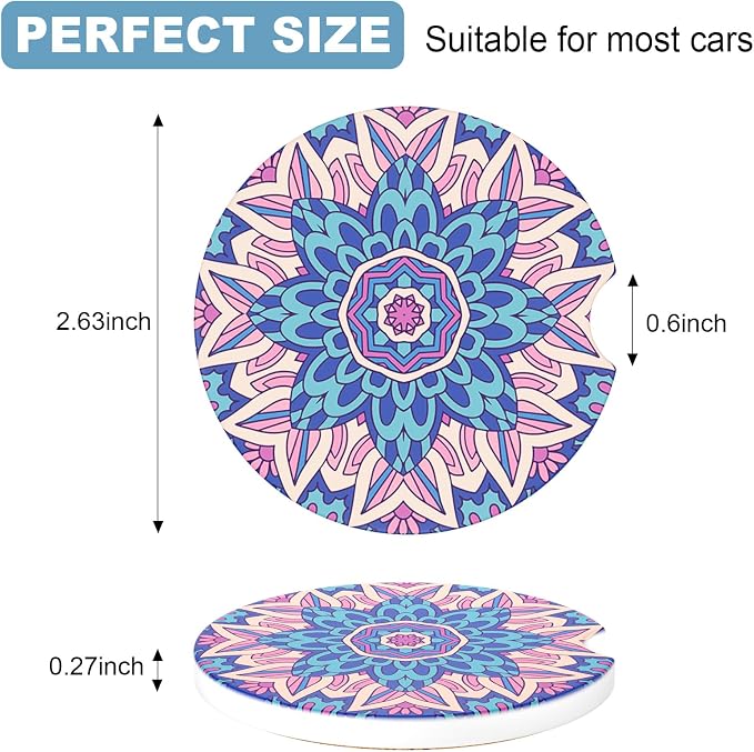 2 Pack Car Cup Holder Coasters, 2.63 inch Anti Slip Insert Absorbent Ceramic Coasters with Cork Base and Finger Notch, Cute Car Accessories Interior for Women