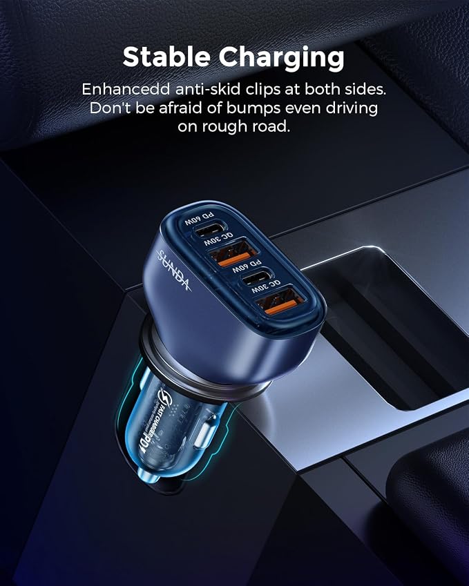 SUNDA 120W USB C Fast Car Charger, 4-Ports Car Charger Adapter, Dual Type C PD60W/PPS60W Compatible with iPhone15/14Pro/Max/iPhone13/Galaxy/SamsungS23, Dual USB-A 18W QC3.0 for Android(Blue)