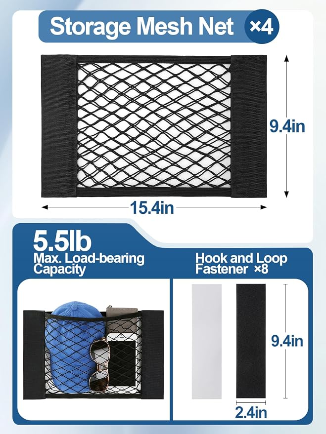 Bigmeta 4PCS RV Cargo Storage Mesh Net, Elastic Stretchable Netting Pocket with 8 Adhesive Strip Wall Sticker for SUV, Truck(15.4 x 9.4 Inch)
