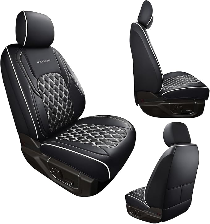Huidasource Car Seat Covers Fit for Truck Chevy Chevrolet Silverado GMC Sierra 1500 2007-2026, 2500HD 3500HD 2015-2026 Crew Double Extended Cab, Leather Seat Accessories (Front Pair/Black&White)