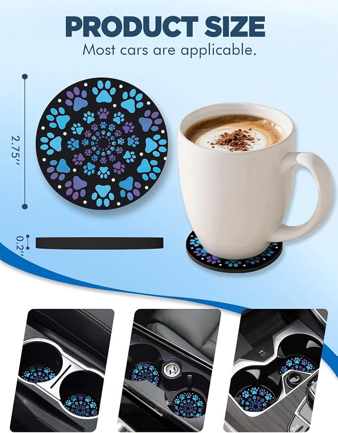 WOCOCN Car Coasters for Cup Holders - 2 Pack 2.75" Universal Rubber Car Cup Coaster, Non-Slip Waterproof Car Interior Accessories, Cute Car Decor Gifts for Women and Men (Cat's Paw)