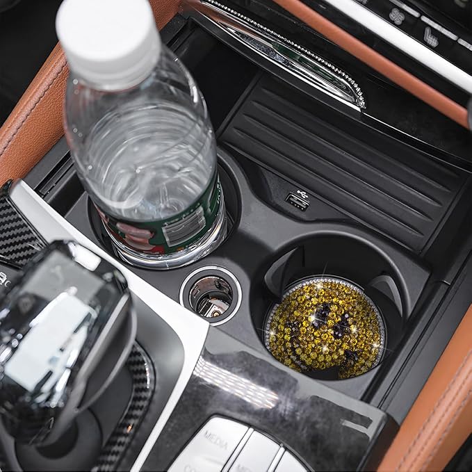 Bling Car Cup Holder Coaster, 2PCS 2.75 Inch Crystal Rhinestone Anti Slip Vehicle Drink Cup Mat for Women Girls, Auto Interior Embedded in Ornaments. Universal for SUV RV Truck (Smile)