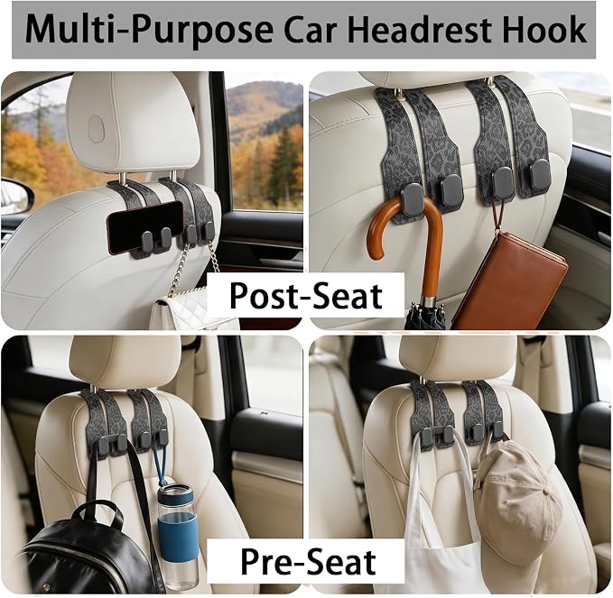 Car Hooks for Headrest: 2Pcs Headrest Hooks for Car - Premium Leather Double Metal Hook - Purse Hook for Car Headrest - Car Headrest Hooks for Purses, Handbags, Bags - Black Leopard