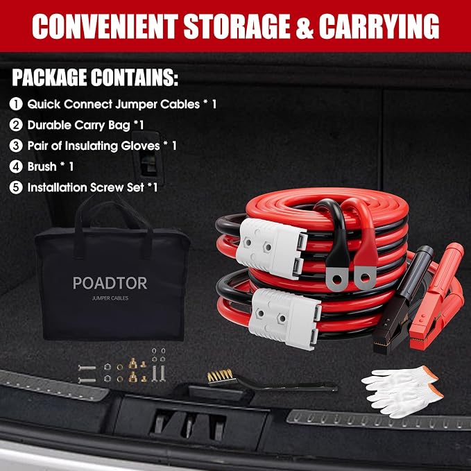 Heavy Duty Jumper Cables for Car Battery, 1 Gauge 30 Feet 900AMP Quick Connect Booster for Jump Starting Dead or Weak Batteries, Suitable for 8L Gas & 6L Diesel, Carrying Bag Included