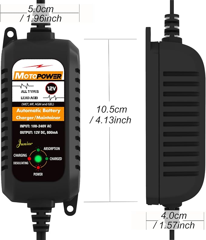 MOTOPOWER MP00205A 12V 800mA Automatic Battery Charger Maintainer, 2-Pack | Battery Charger, Battery Maintainer, Trickle Charger and Battery Desulfator