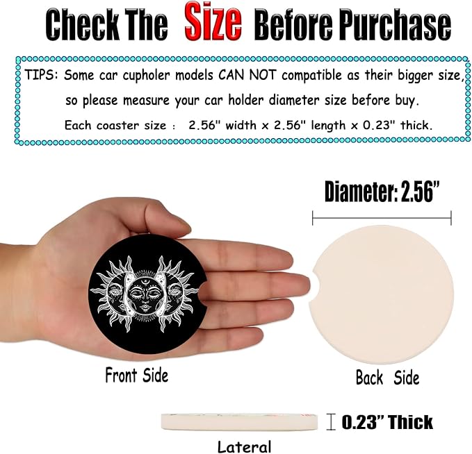 2.56" Absorbent Ceramic Coasters for Car, Auto Coasters for Cup Holder, Keep Cup Holders Clean and Dry, Easy Removal