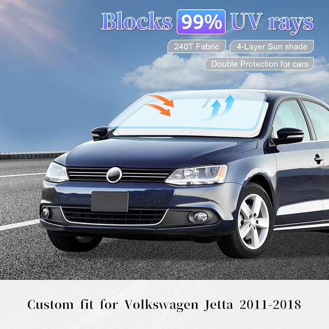 Sun Shade Sunshade for VW Jetta 2011-2018 Windshield Cover | 4-Layer Front Window Shade Custom fit Volkswagen Jetta Sun Visor 240T Foldable Shade Shield Blocks UV Rays Accessories