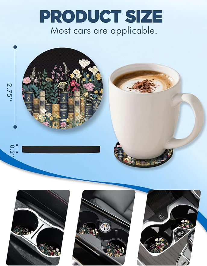 WOCOCN Car Coasters for Cup Holders - 2 Pack 2.75" Universal Rubber Car Cup Coaster, Non-Slip Waterproof Car Interior Accessories, Cute Car Decor Gifts for Women and Men (Books & Flowers)