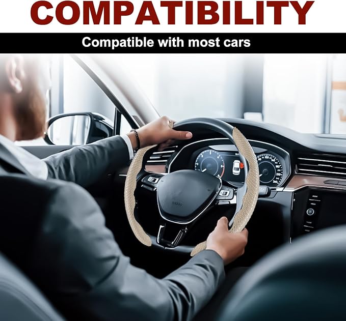 Universal Fit Carbon Fiber Steering Wheel Cover, Segmented Steering Wheel Protector, Carbon Fiber Anti-Skid Steering Wheel Cover Car Interior Accessories (2 Pcs Khaki)