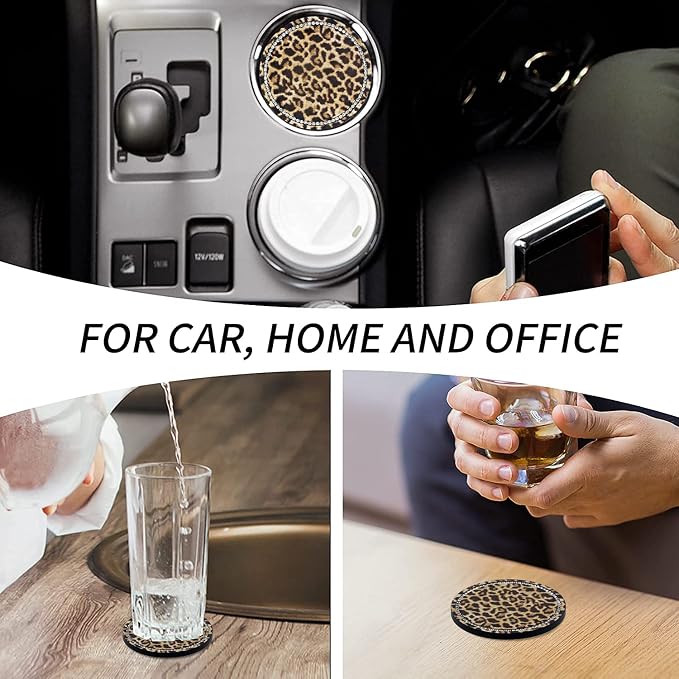 Leopard Print Bling Rhinestone Anti Slip Coasters - 2.75" Insert Suitable for Most Cars - 2PCS