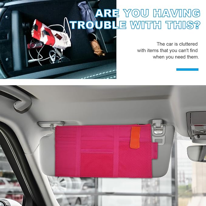 Car Sun Visor Organizer, Auto Interior Visor Storage Pouch Holder with Zipper, Multi-Pocket Net Personal Belonging Organizer, Universal Car Accessory for Cards, Documents (Rose Red)