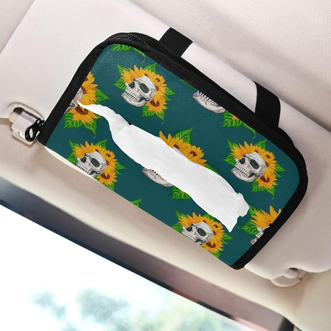 Skulls and Sunflowers Car Tissue Holder Car Visor Tissue Holder Sun Visor Tissue Box Hanging Napkin Case Holder for Car