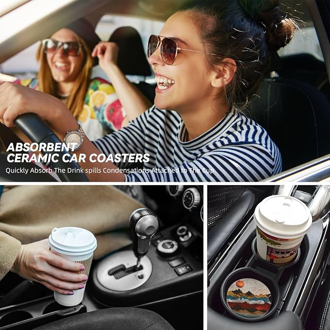 2 Pack Car Coasters for Cup Holders, 2.56" Universal Absorbent Ceramic Stone Car Cup Holder Coasters with Non-Slip Cork Base, Car Interior Accessories for Women Men(Mountains Nature Scenery)