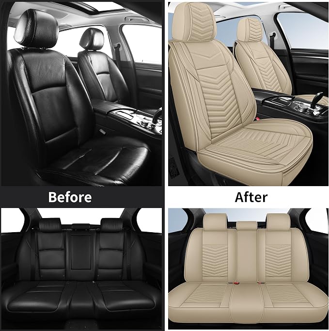 HChengkikz Nappa Leather Car Seat Covers Full Set, Beige Car seat Protector 5 Seats, Waterproof Car Seat Cushion, Universal Automotive Seat Covers Fit for SUV Truck Pick-up Sedan, Front and Rear | Easy Maintenance, Airbag Compatible, Universal Fit For ...