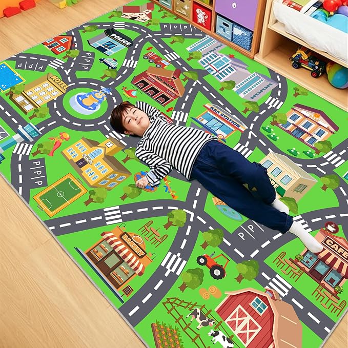Kids Rugs for Playroom - Soft & Non-Slip 9x12 Feet Town City Road Map Cars Play Mat, Childrens Road Carpet Washable Rug for Classroom Nursery Bedroom Boys