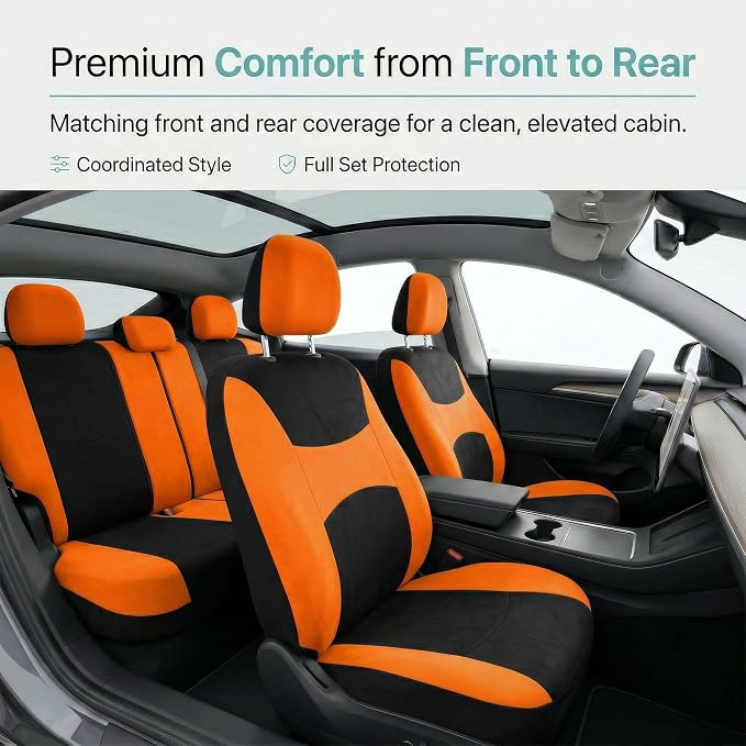 FH Group Universal Car Seat Covers Full Set for SUV Truck Sedan Vans | Waterproof All-Purpose Cloth Seat Cover Set Airbag Compatible Washable Split Bench Protector Interior Upgrade - Orange
