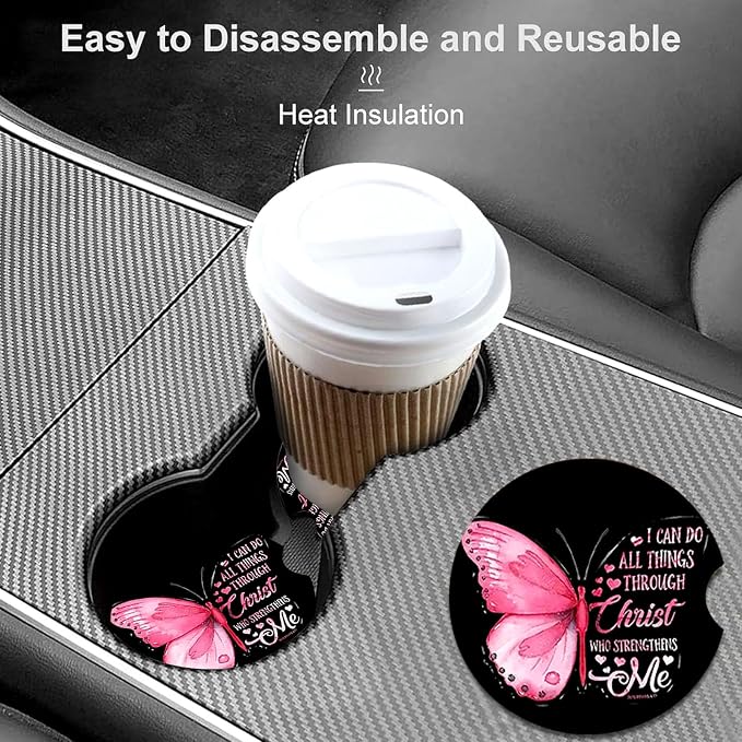 2 Pack Pink Butterfly Car Cup Holder Coasters Universal Neoprene Coasters | 2.75" Universal Size Anti Slip Rubber Mat, Auto Cup Holder Accessories for SUV Truck, Butterfly Gifts for Women Men Mom