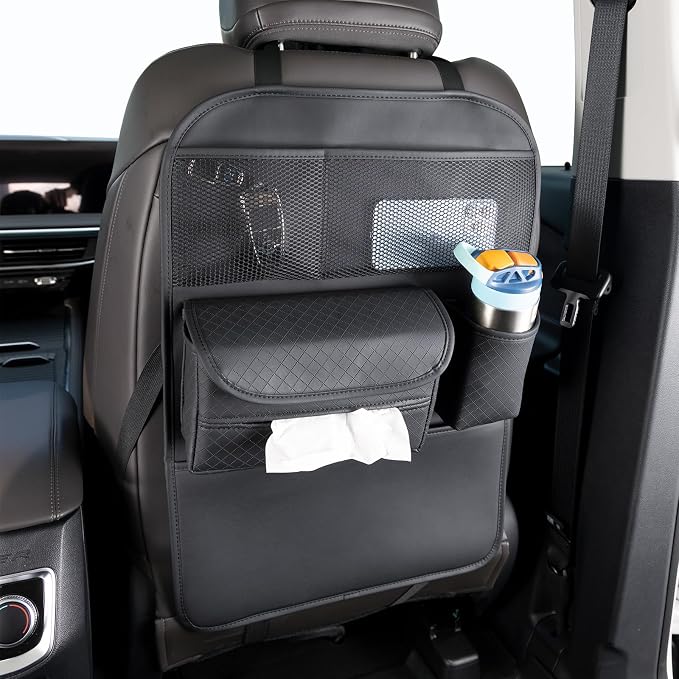 Multifunctional Car Seat Back Organizer with Large Tissue Box Holder, Large Water Bottle Storage, Phone Pouch, Kick Mat Protectors for Road Trips. (Black)