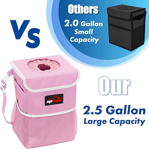 EPAuto Waterproof Car Trash Can with Lid and Pockets, 2.5 Gal, Pink | Leakproof, Collapsible Multipurpose Car Bin with 3 Side Storage Pockets, Adjustable Straps