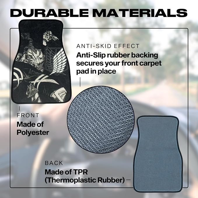Anime Car Carpet Mat Set of 2 Front, AOT LEVI Design Automotive Accessories Interior All Weather Floor Mats Decor with Non Slip Black Anti Skid Backing