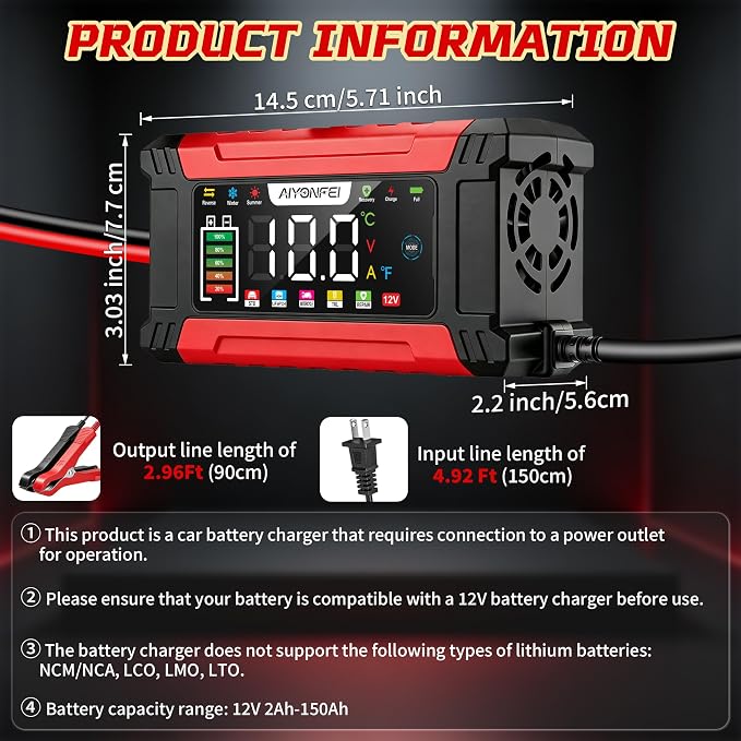 12V 10-Amp Battery Charger, 9 Stage Smart Trickle Charger Maintainer Red | Battery Desulfator, Memory Function, LED Screen, Temperature Compensation, for Car Truck Motorcycle Boat LiFePO4 Lead Acid