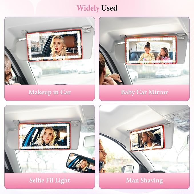 SINGARO 2PCS Car Sun Visor Vanity Mirror - Rechargeable Makeup Mirror with 60 LEDs, 3 Light Modes & Dimmable Touch Control for Cars, Trucks, SUVs, Car Interior Accessories for Women (Red)