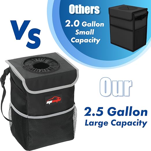 EPAuto Waterproof Car Trash Can with Lid and Pockets, 2.5 Gal, Black | Leakproof, Collapsible Multipurpose Car Bin with 3 Side Storage Pockets, Adjustable Straps
