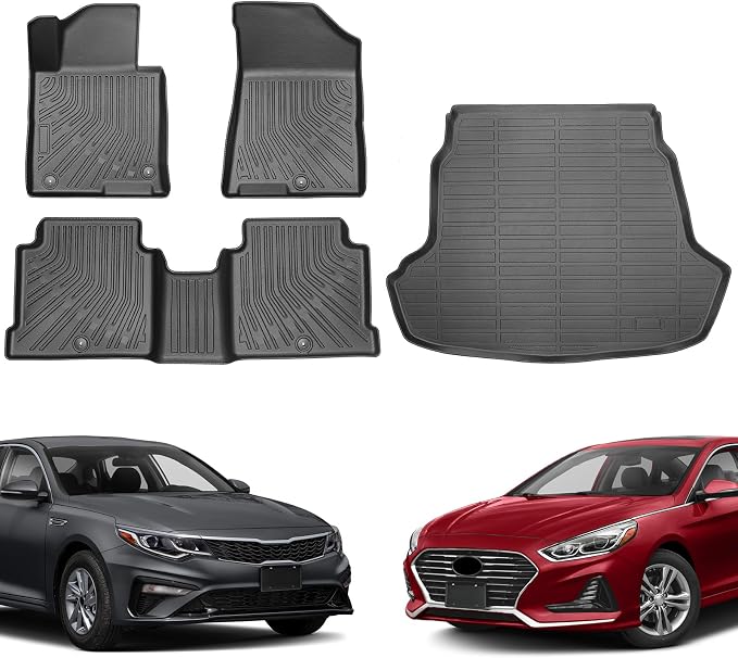 Floor Mats for Hyundai Sonata 2015-2019 & Kia Optima 2016-2019 | Custom Fit All Weather TPE Liners, Waterproof Anti-Slip Car Mats Accessories, Full Set Odorless Easy-Clean Mats & Cargo Liner