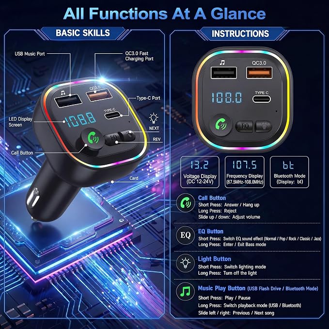 Wireless Car Adapter, USB-C Car Audio Transmitter with 40W Fast Charging, Bluetooth FM Transmitter for Cars, Supports Hands-Free Calls, MP3 Playback via USB/TF Card