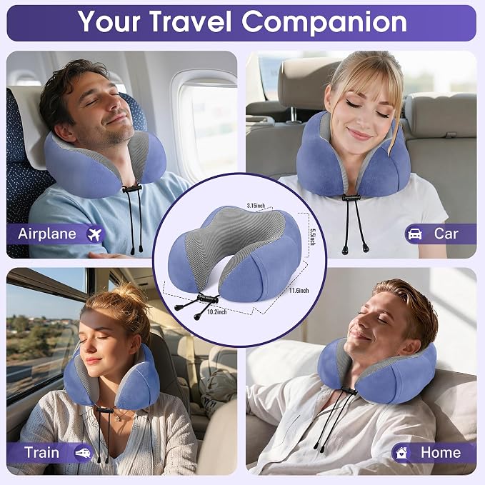 CloudBliss Travel Pillow for Airplane, Memory Foam Neck Pillow for Travel, Compact Flight Pillow with Eye Mask, Earplugs, Carry Bag, Travel Neck Pillow for Long Flight Sleep, Plane Accessories, Blue