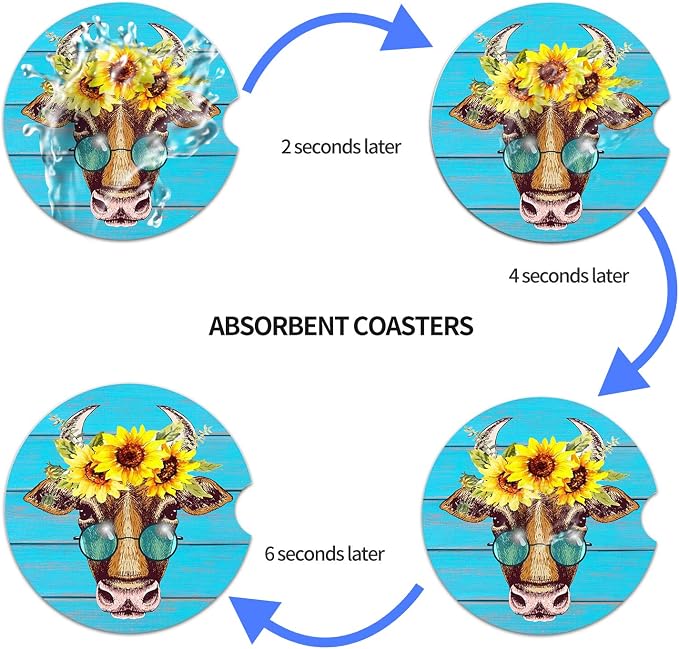 Car Coasters Pack of 2, Fun Sunflower Cow Design Absorb Condensation for Protect The Car Cup Holder and Keep Your car Clean, Small 2.56" Diameter, Easy Removal of Auto Cupholder(Blue Cow)