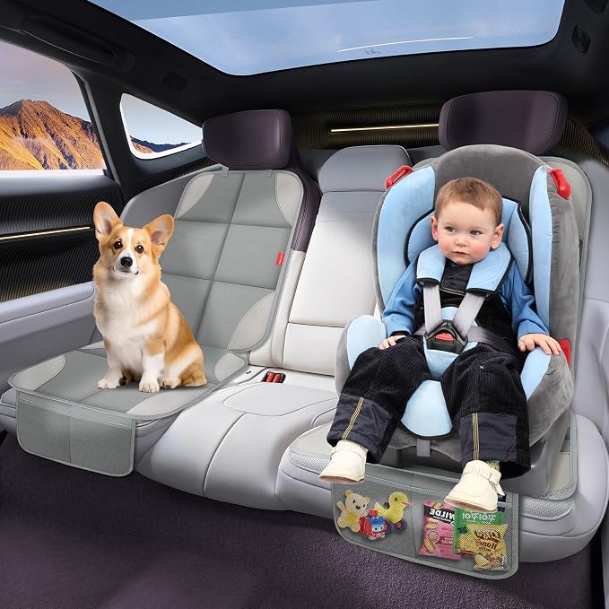 Car Seat Protector, Waterproof 600D Fabric Carseat Seat Protectors with Non-Slip Backing, Car Seat Cushion for Child Car Seat with Thickest Pad, Storage Pockets, Back Car Seat Cover for Kids, 2 Pack