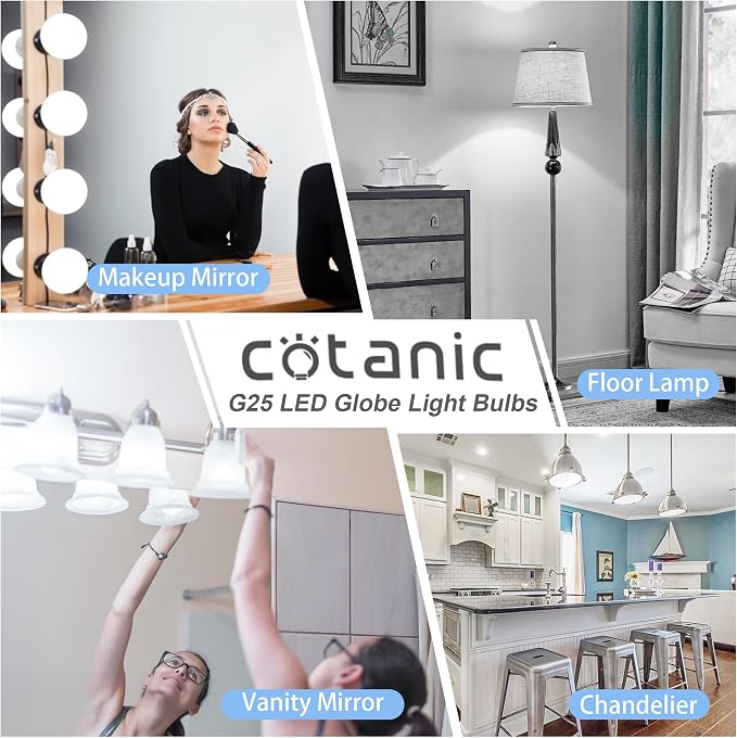 Cotanic 5000K Daylight LED Globe Light Bulbs, E26 Standard Base, 5W(60 Watt Equivalent Incandescent Replacement), 500LM, Non-Dimmable, 12 Pack Bathroom G25 Vanity Light Bulb