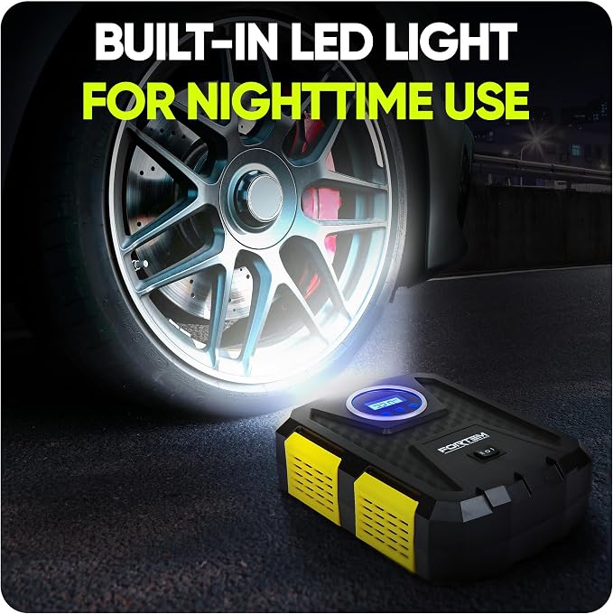 FORTEM Tire Inflator Portable Air Compressor, Air Pump for Car Tires and Bikes, Car Tire Pump w/Auto Shut Off, 150 PSI, 12V DC, LED Light, Carrying Case, Perfect For Men, Women